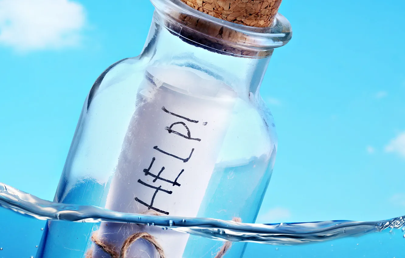 Photo wallpaper water, text, bottle, tube, note, HELP, message