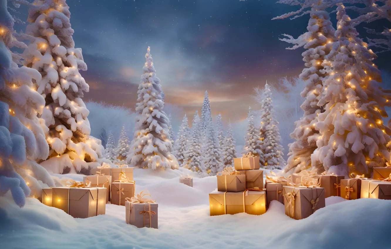 Photo wallpaper winter, forest, snow, box, gift, tree, new year, ate