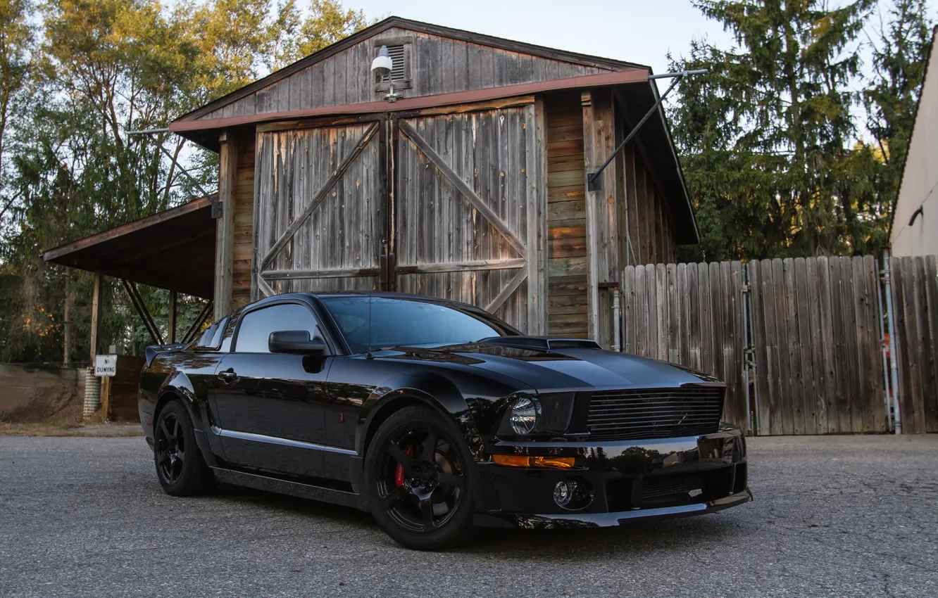 Photo wallpaper road, house, the fence, Mustang, Ford, Mustang, the barn, Ford