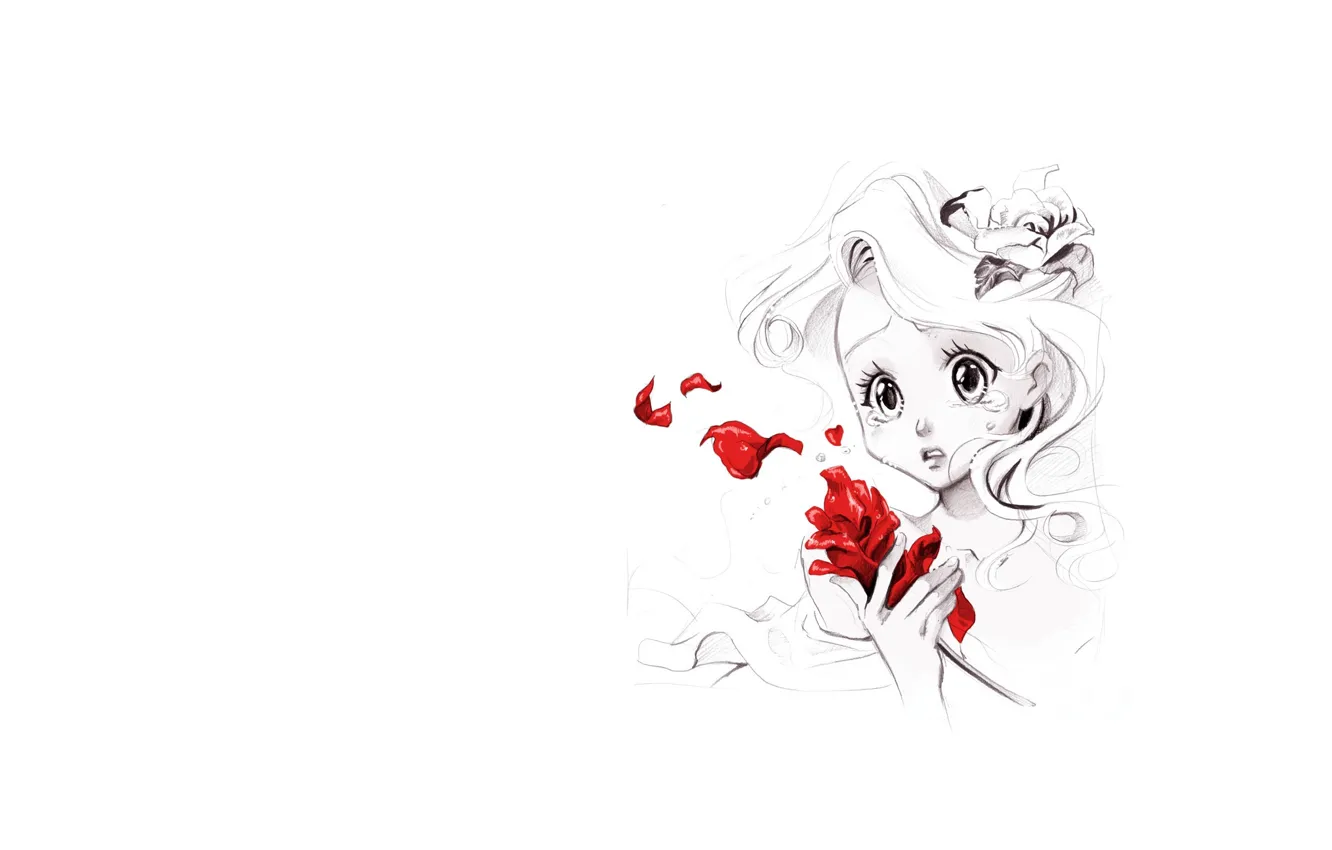 Photo wallpaper flower, mood, rose, minimalism, anime, art, girl, tear