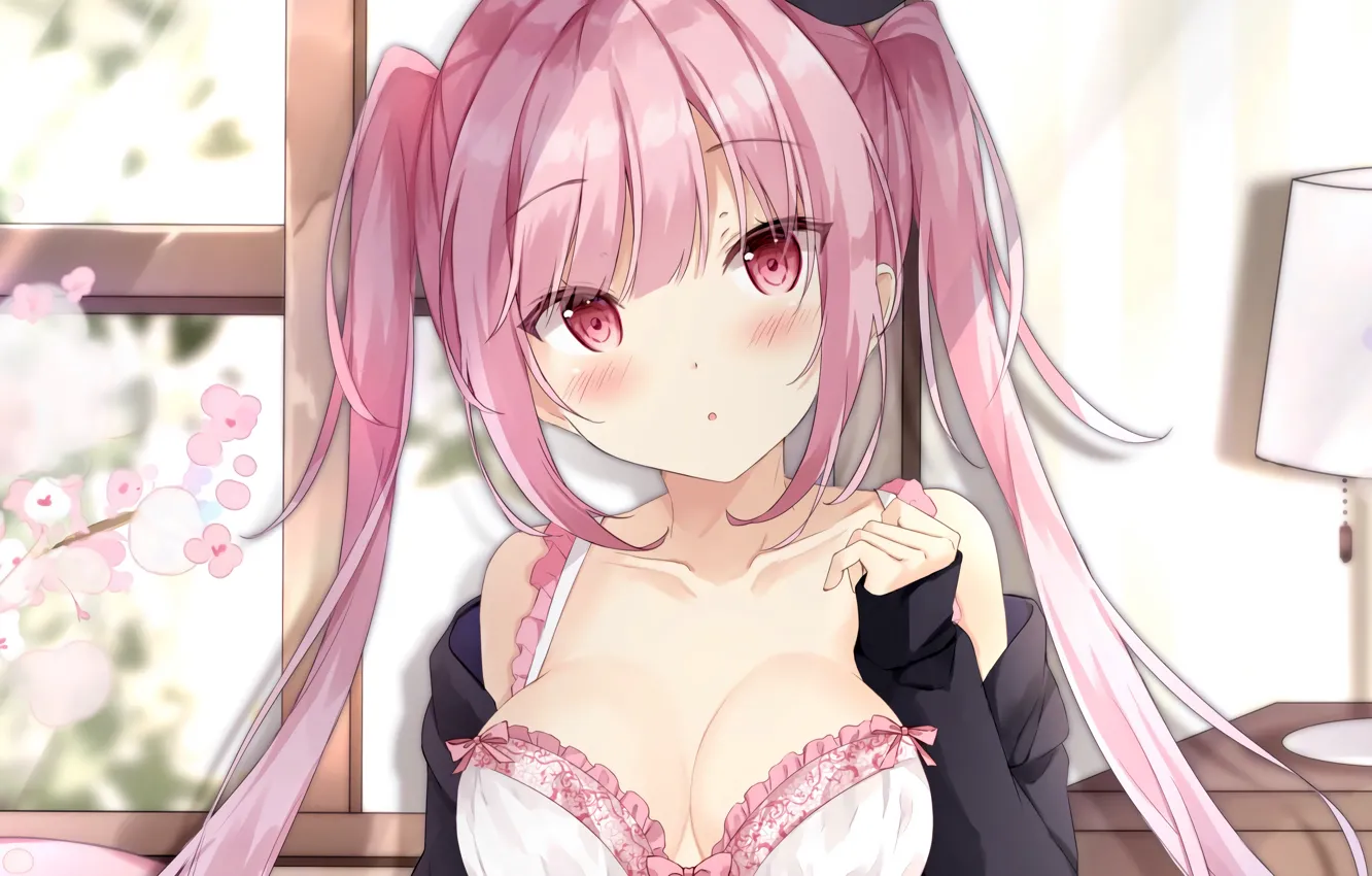 Photo wallpaper girl, sexy, lingerie, bra, cleavage, pink hair, long hair, boobs