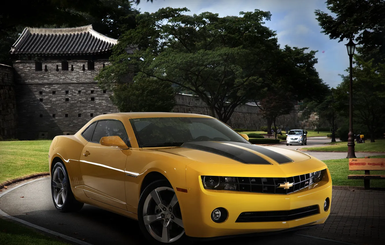 Photo wallpaper road, yellow, the city, speed, shadow, Chevrolet, power, Camaro