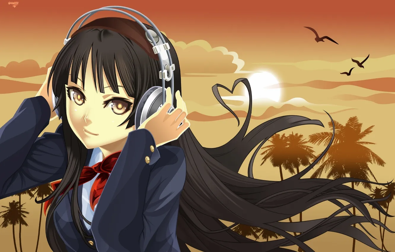 Photo wallpaper girl, headphones, dark hair