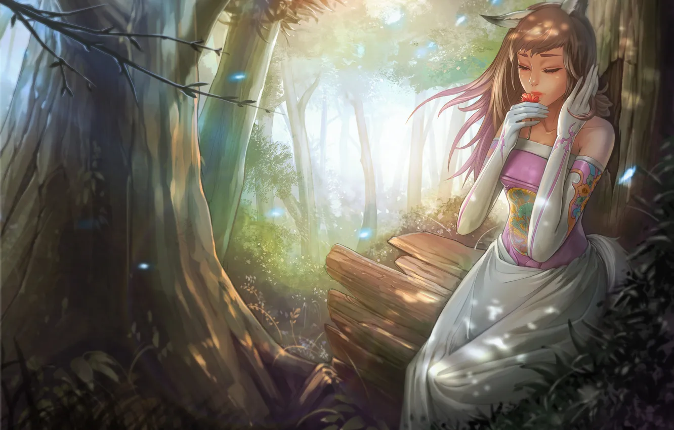 Photo wallpaper forest, grass, girl, trees, ears