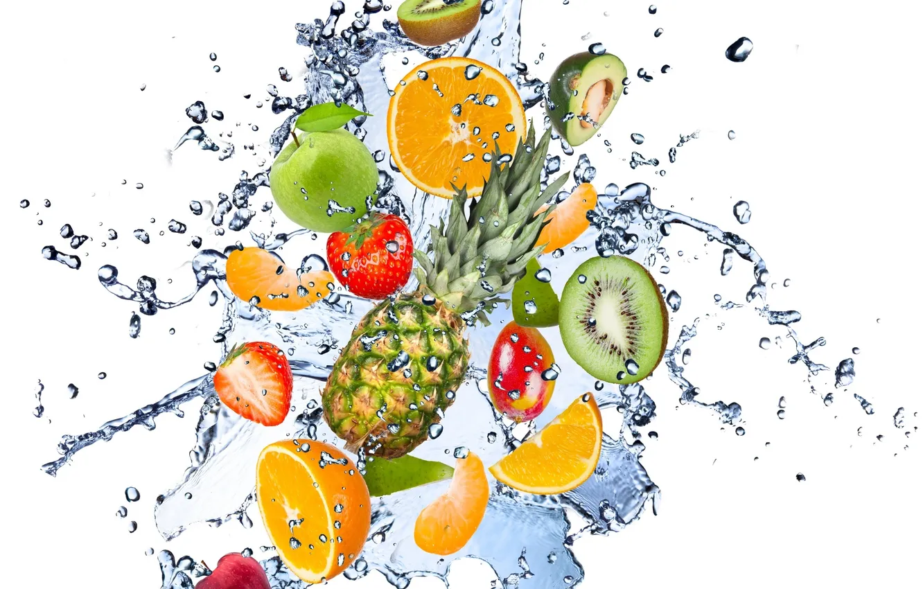 Photo wallpaper water, drops, squirt, freshness, lemon, apples, apple, splash