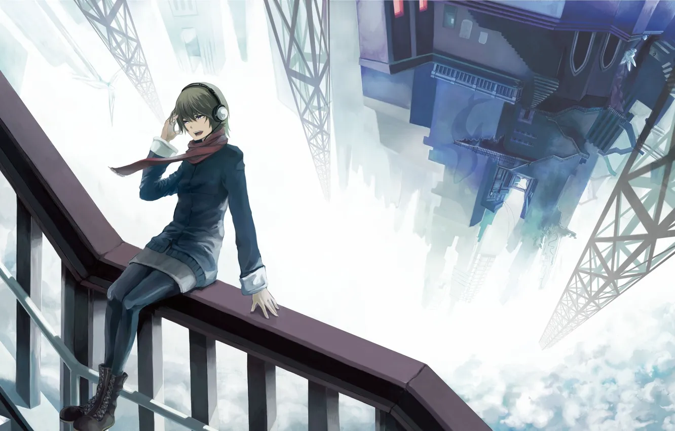 Photo wallpaper girl, the city, height, headphones, scarf, railings, In the clouds