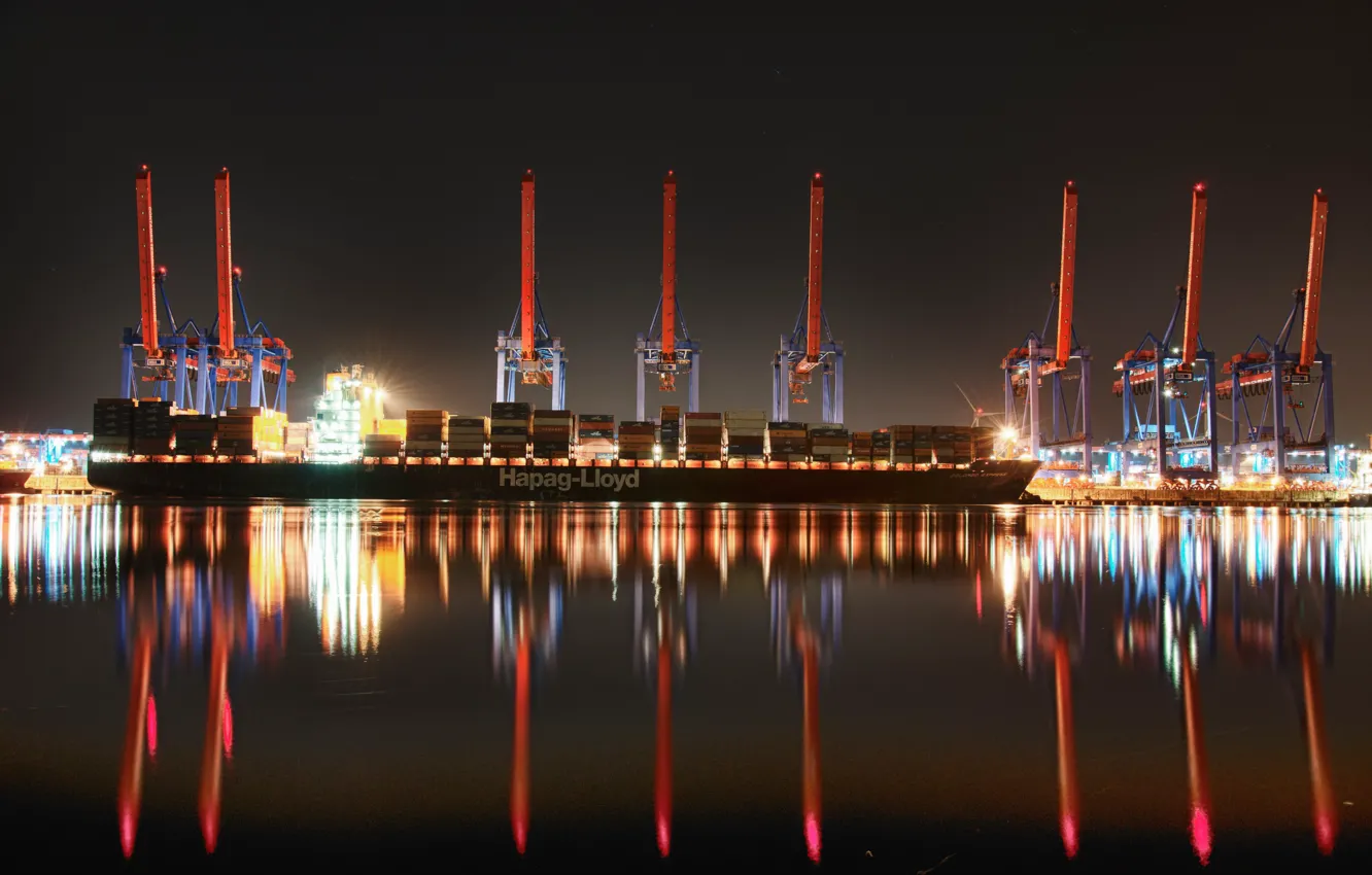 Photo wallpaper Reflection, Lights, Port, Night, The ship, A container ship, Cranes, Terminal