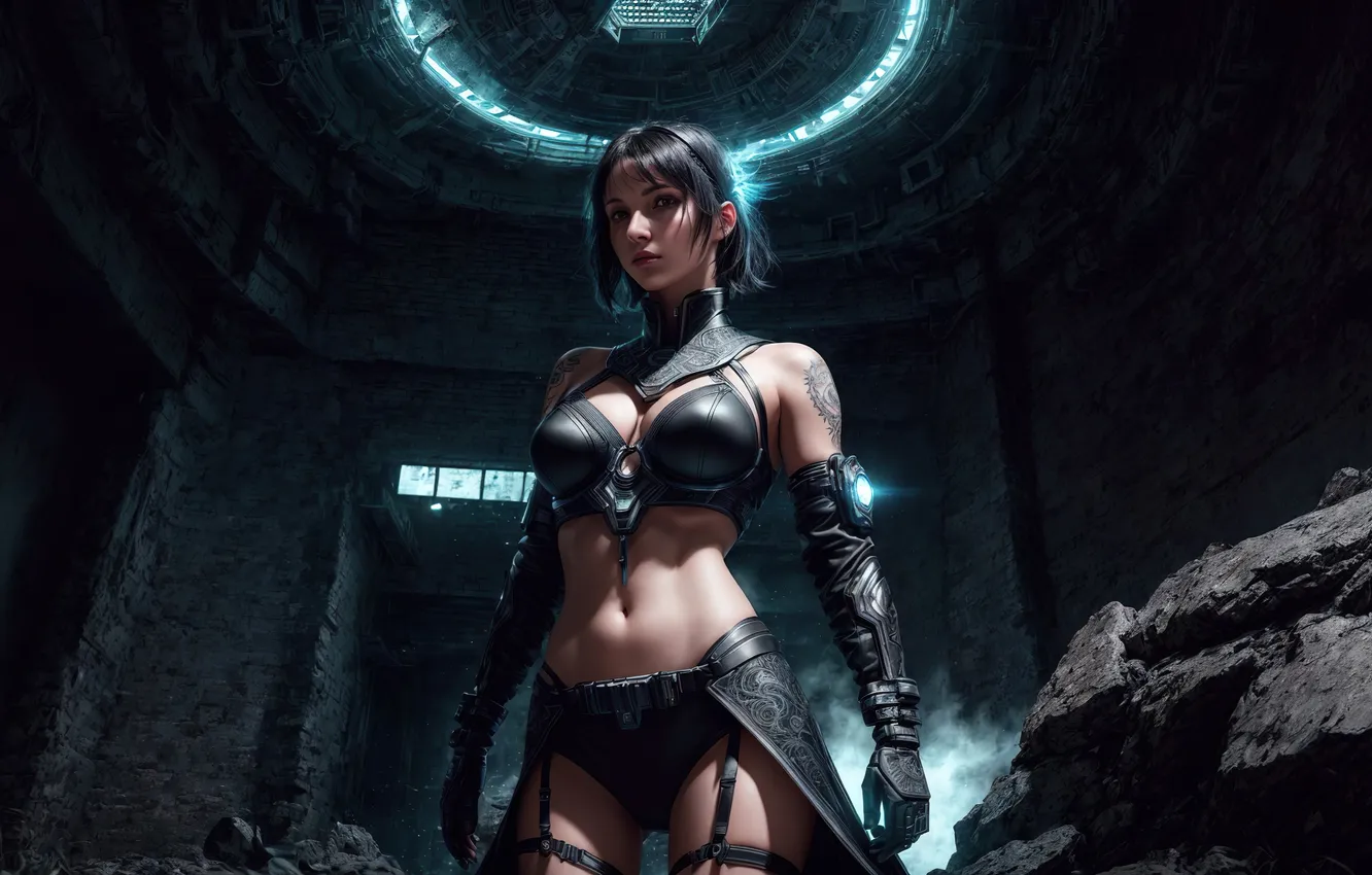 Photo wallpaper girl, fiction, cave, ruins, digital art, art work Razor127, The Seeker, AI ART