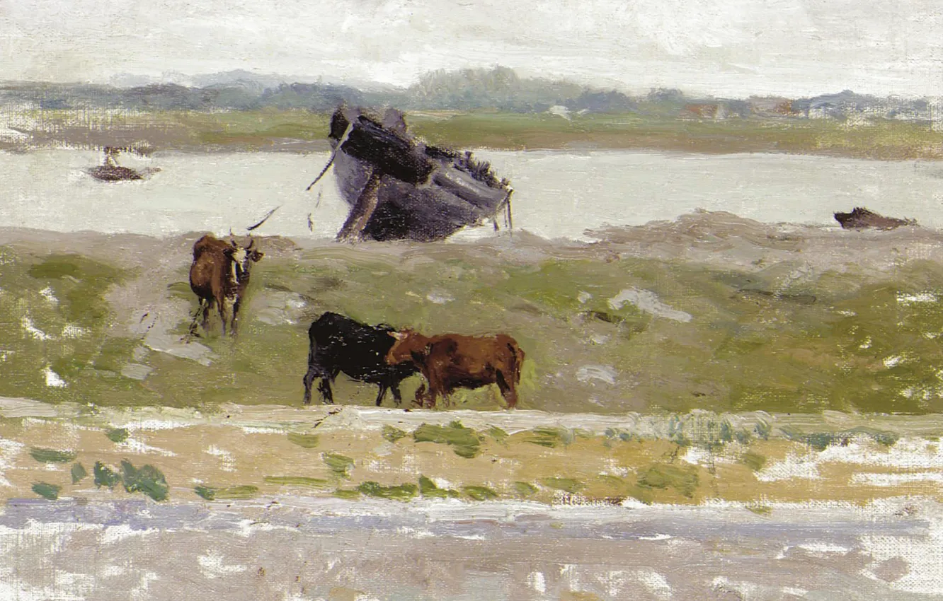 Photo wallpaper landscape, picture, Henry Le Sedane Products, Henri Le Sidane, Cows near an Old Boat. Étaples