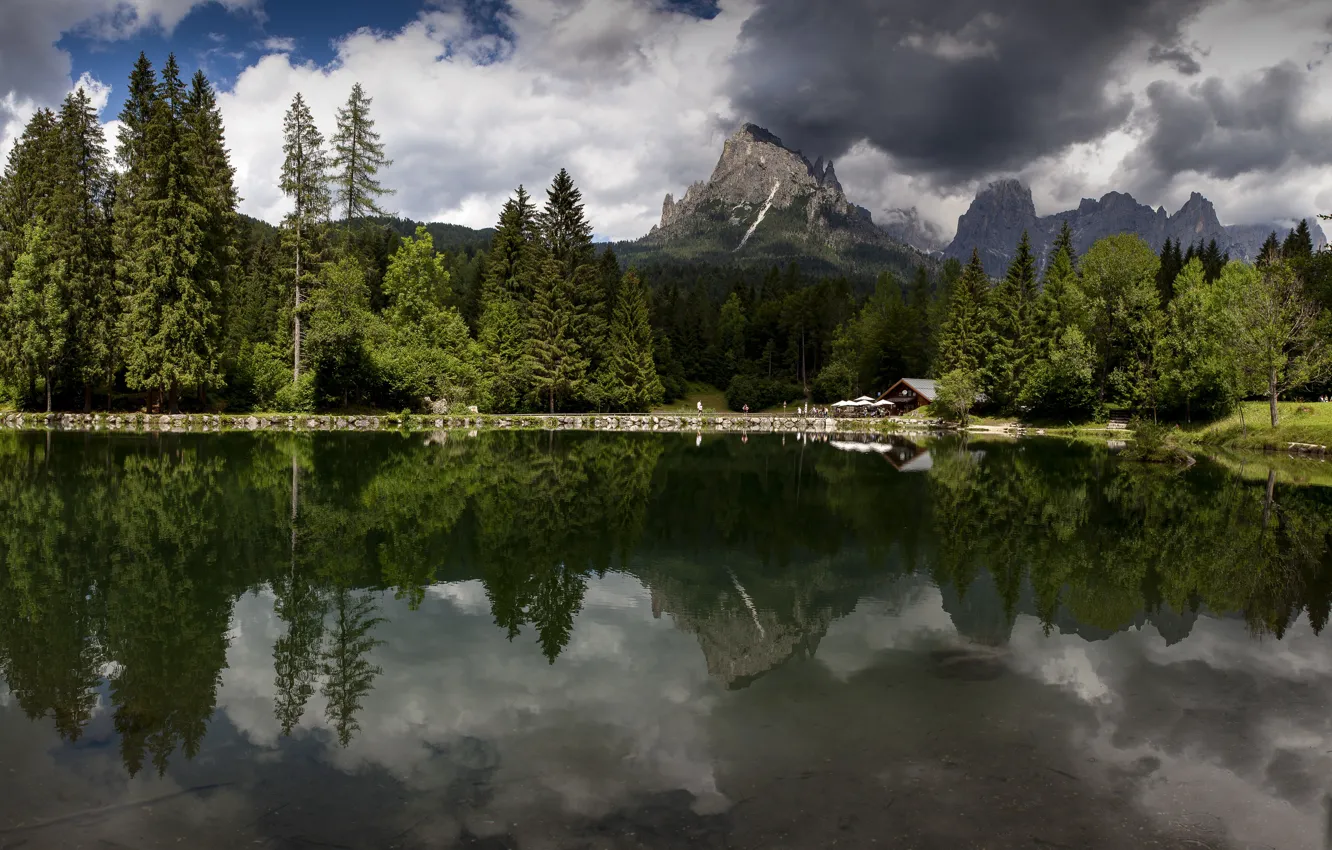Photo wallpaper forest, clouds, landscape, mountains, nature, lake, Italy, cottage