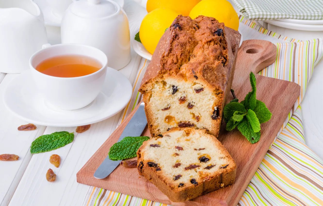Photo wallpaper lemon, tea, mint, cupcakes, raisins