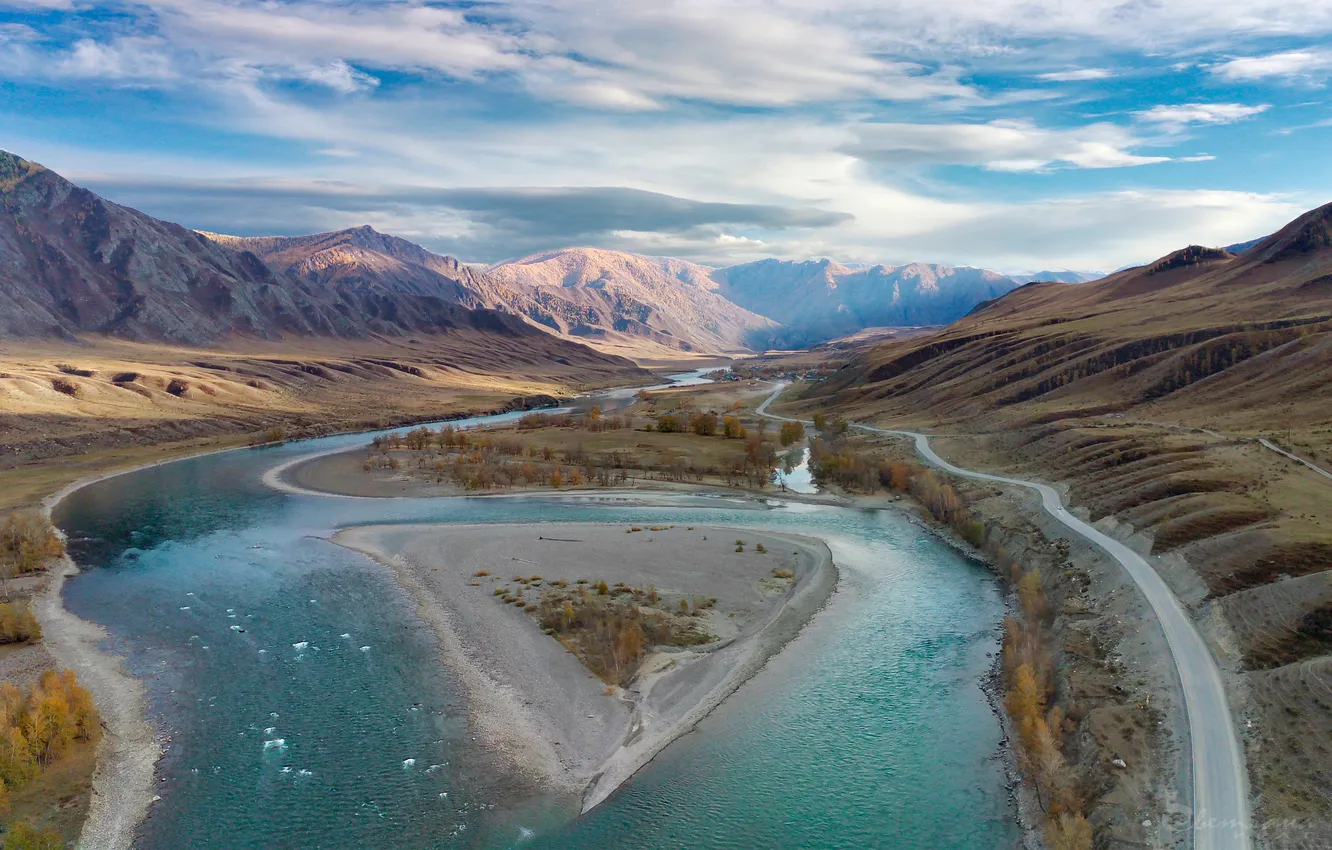 Photo wallpaper river, horizon, space, the beauty of nature, Picturesque Landscape, Krat Svetlana, Autumn Altai
