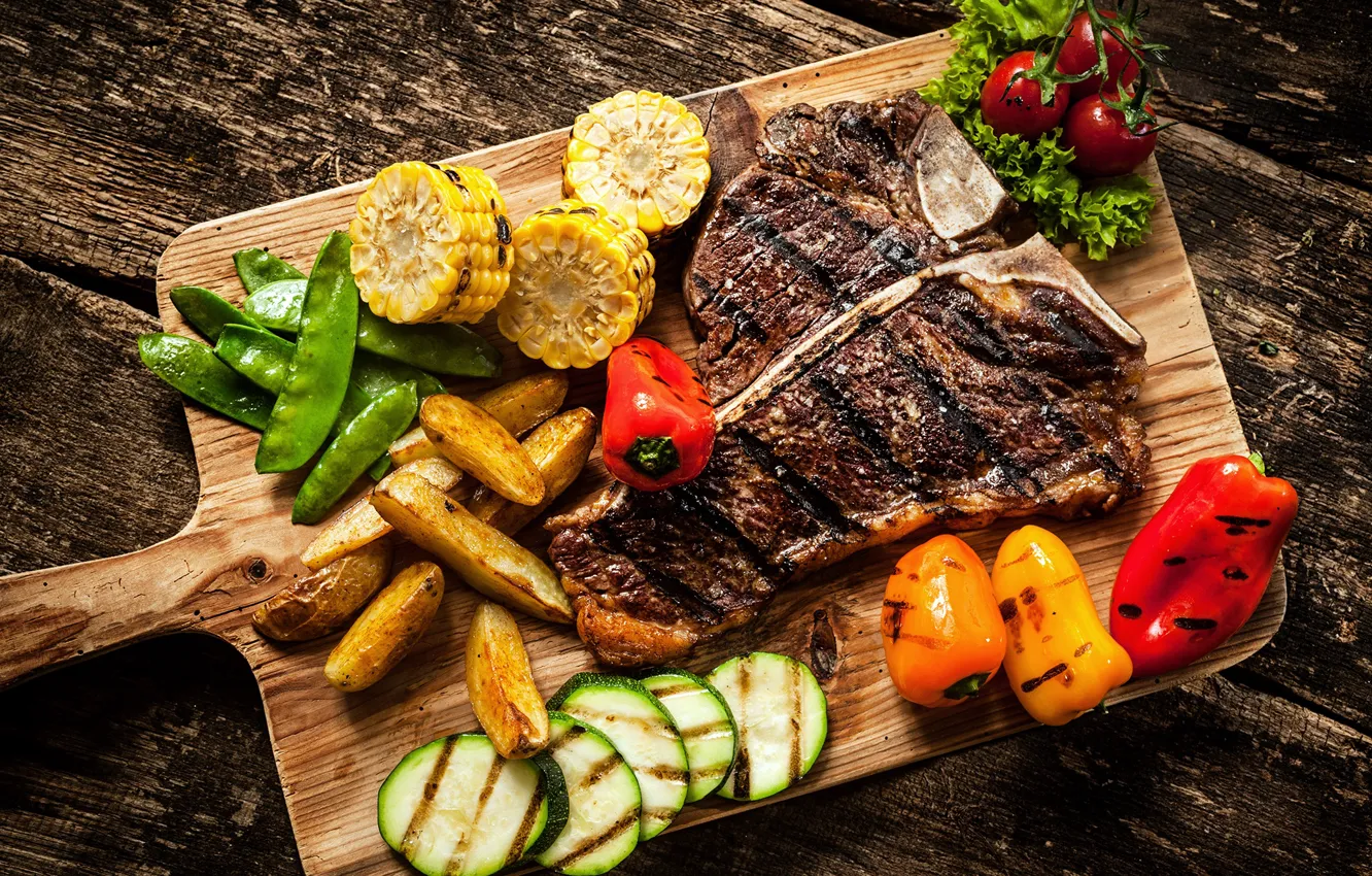Photo wallpaper corn, meat, Board, pepper, vegetables, tomatoes
