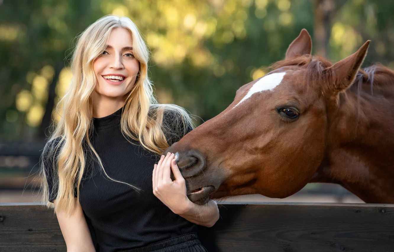 Photo wallpaper smile, horse, blonde, Marina