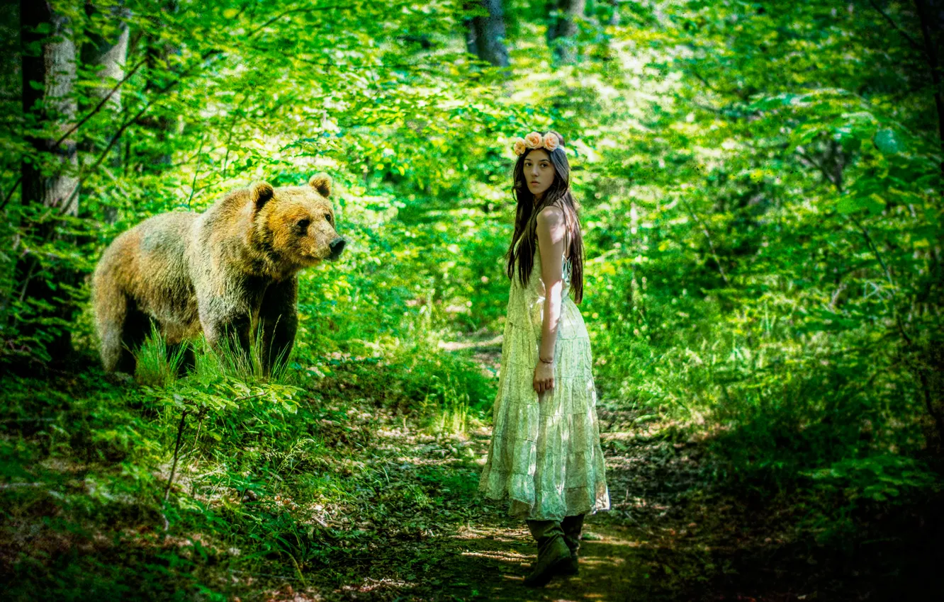 Photo wallpaper forest, girl, bear