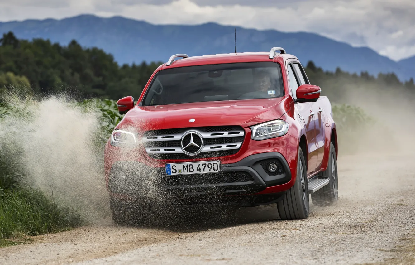 Photo wallpaper red, movement, Mercedes-Benz, dust, pickup, primer, 2017, X-Class