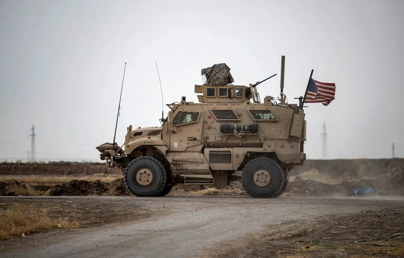 Photo wallpaper Flag, USA, Syria, Syria, Military base, Military base, US vehicle, Rumailan