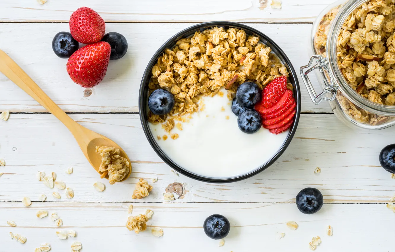 Photo wallpaper berries, blueberries, strawberry, muesli