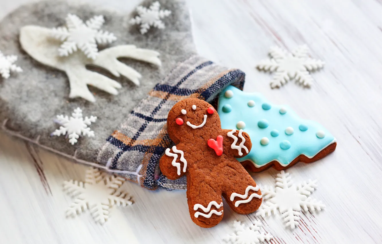 Photo wallpaper new year, cookies, Christmas, Christmas, mittens, New Year, decoration, gingerbread
