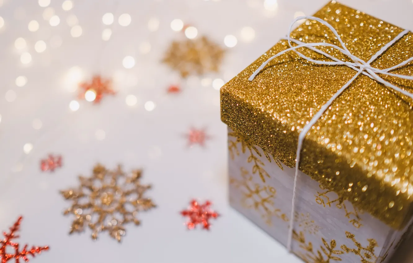 Photo wallpaper decoration, snowflakes, lights, holiday, box, gift, Shine, new year