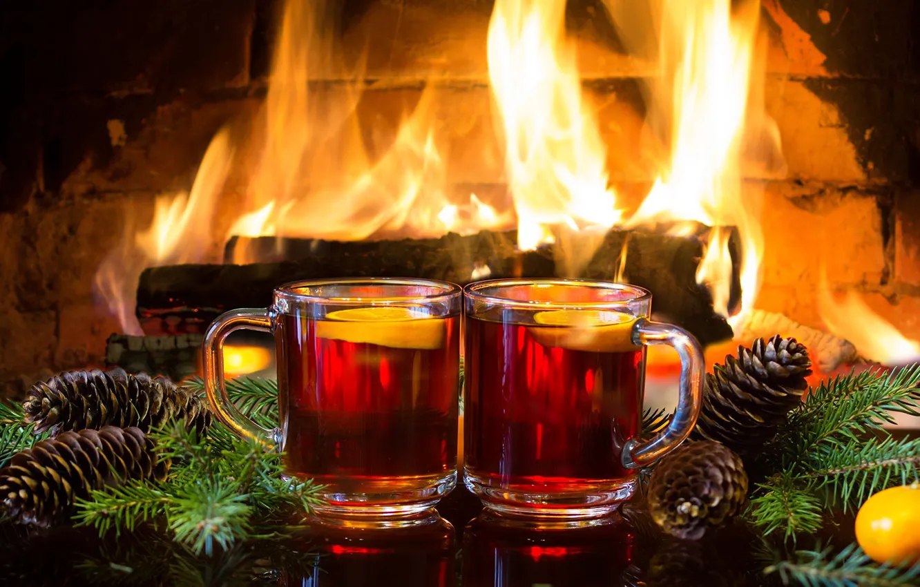 Photo wallpaper branches, heat, New Year, Christmas, fireplace, bumps, cozy, hot tea with lemon