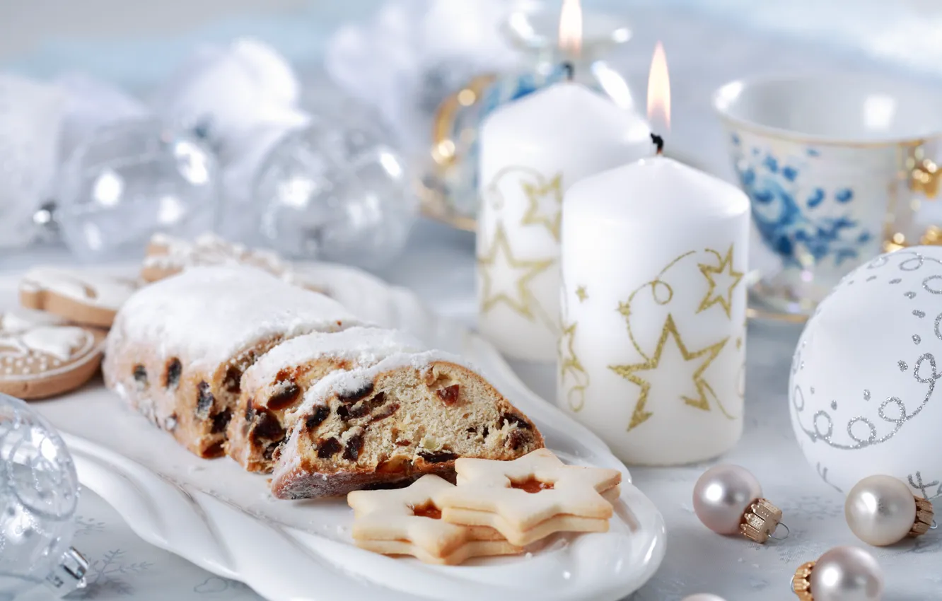 Photo wallpaper balls, tea, candles, cookies, Christmas, New year