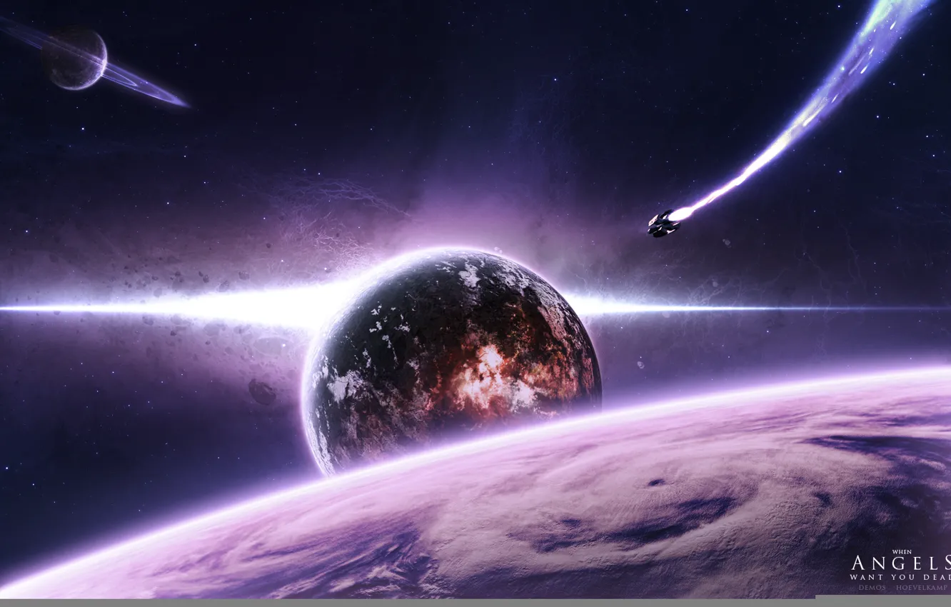 Photo wallpaper flight, ship, planet, the sky