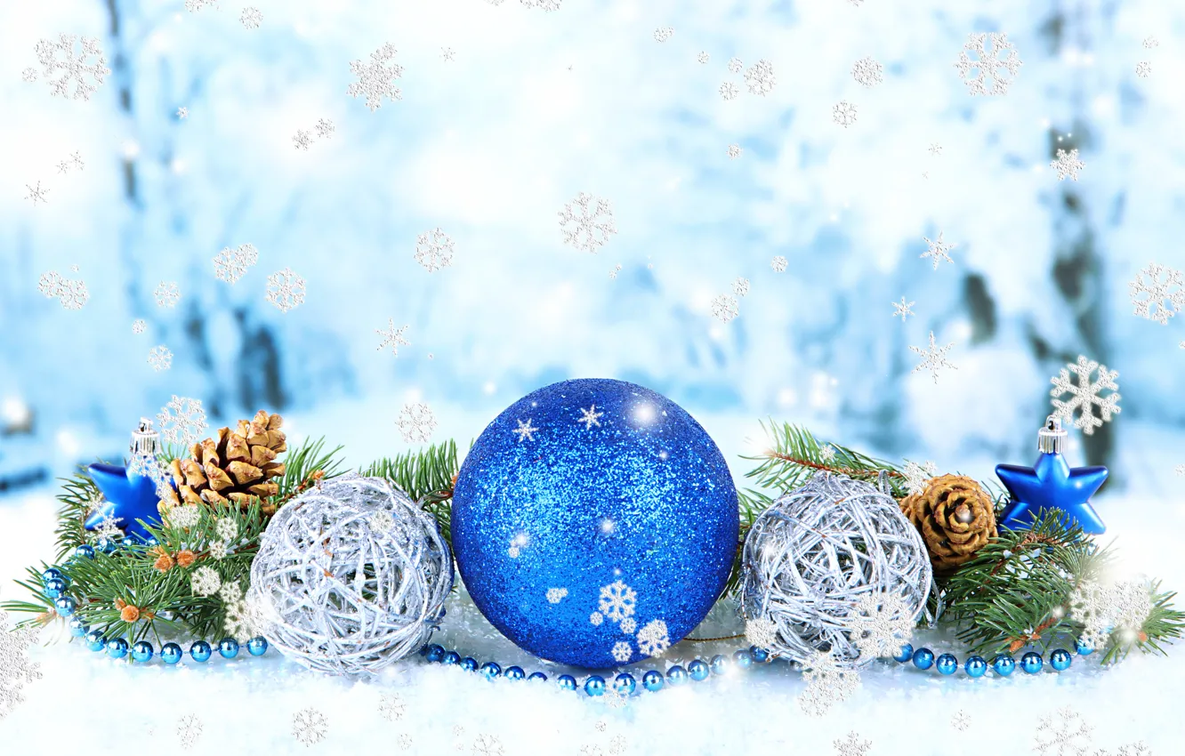 Photo wallpaper balls, snowflakes, photo, Christmas, New year, bumps, holidays