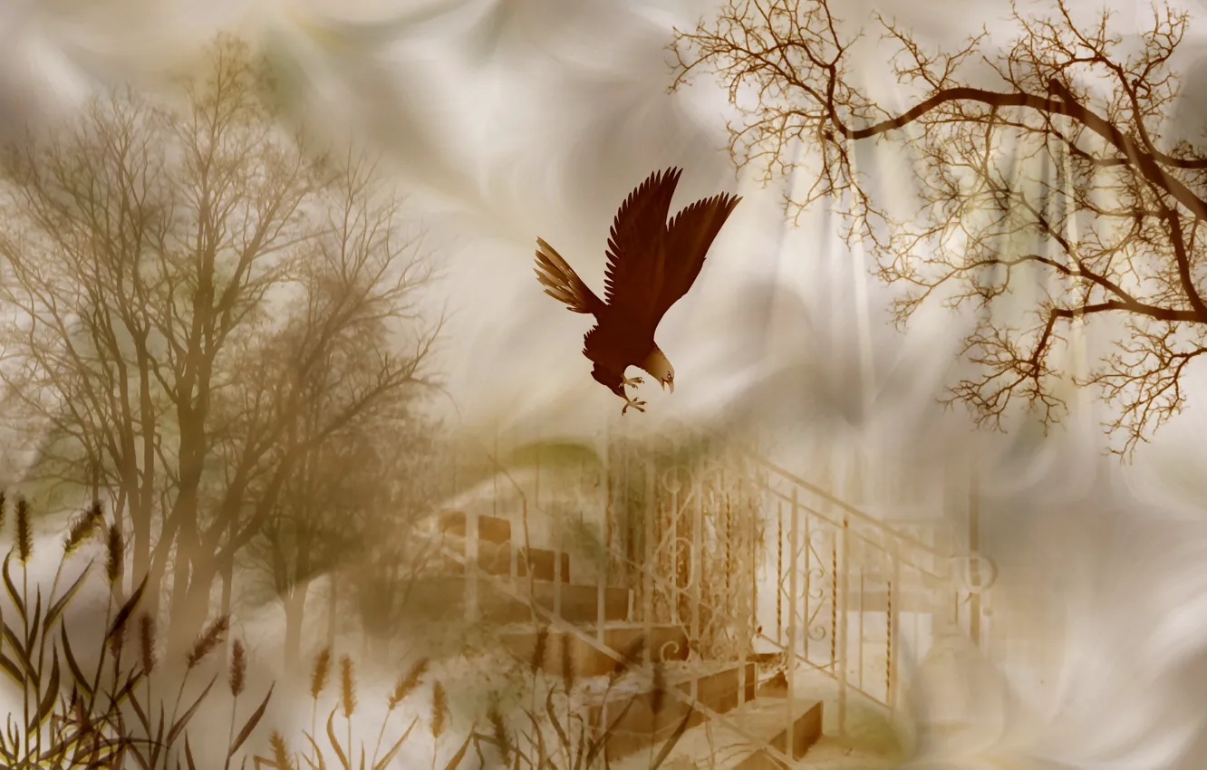 Photo wallpaper trees, style, background, bird