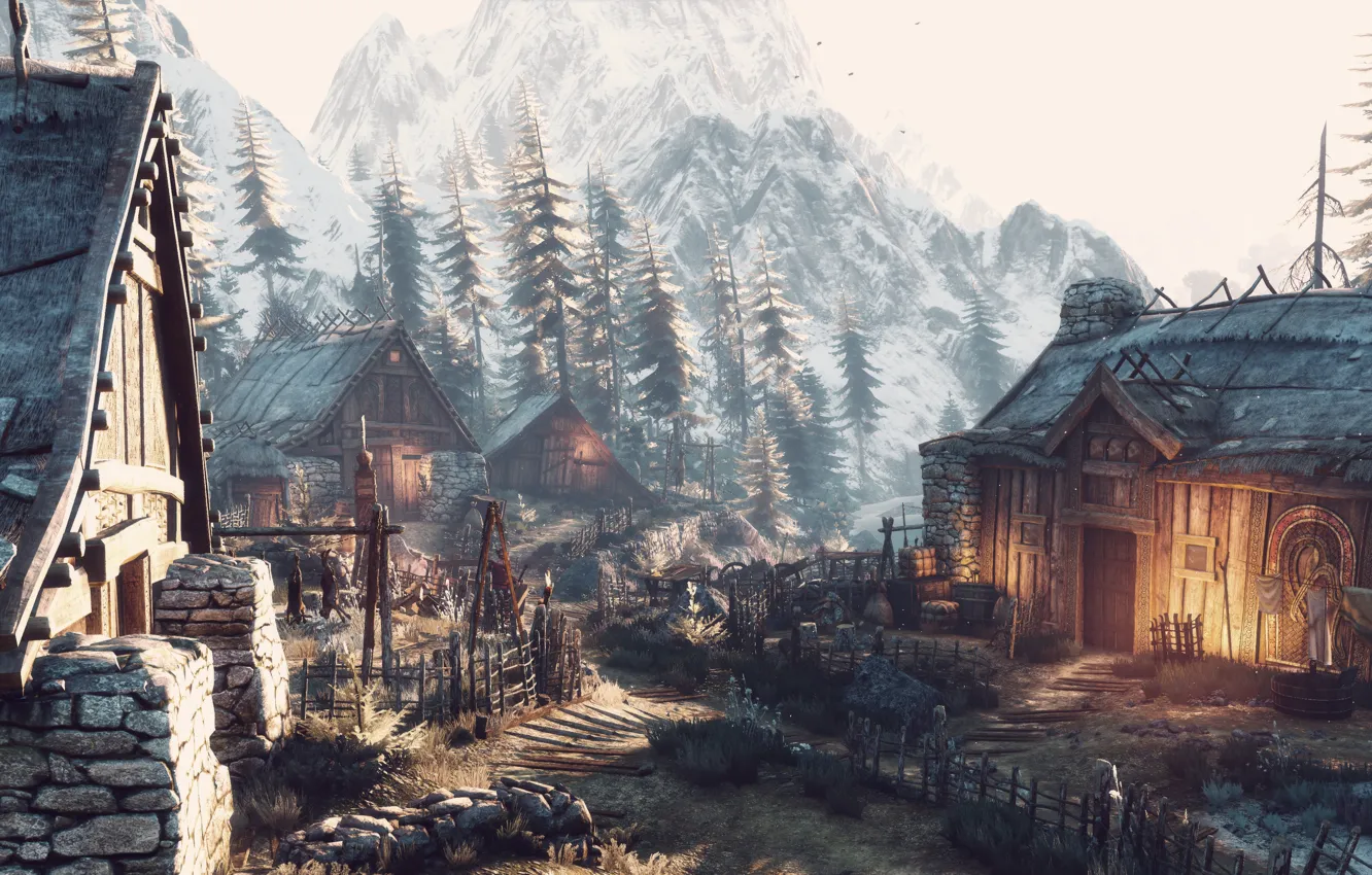 Photo wallpaper mountains, village, The Witcher, The Witcher 3, Winter Getaway