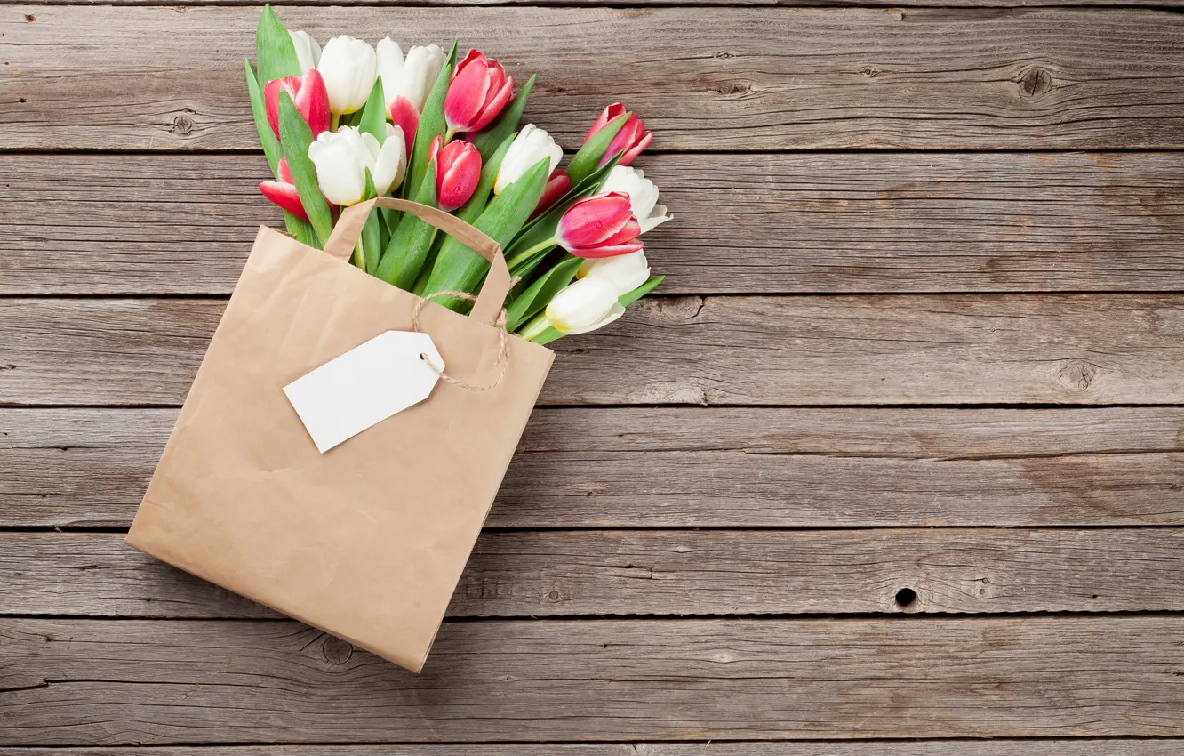Photo wallpaper flowers, bouquet, tulips, red, white, wood, flowers, tulips