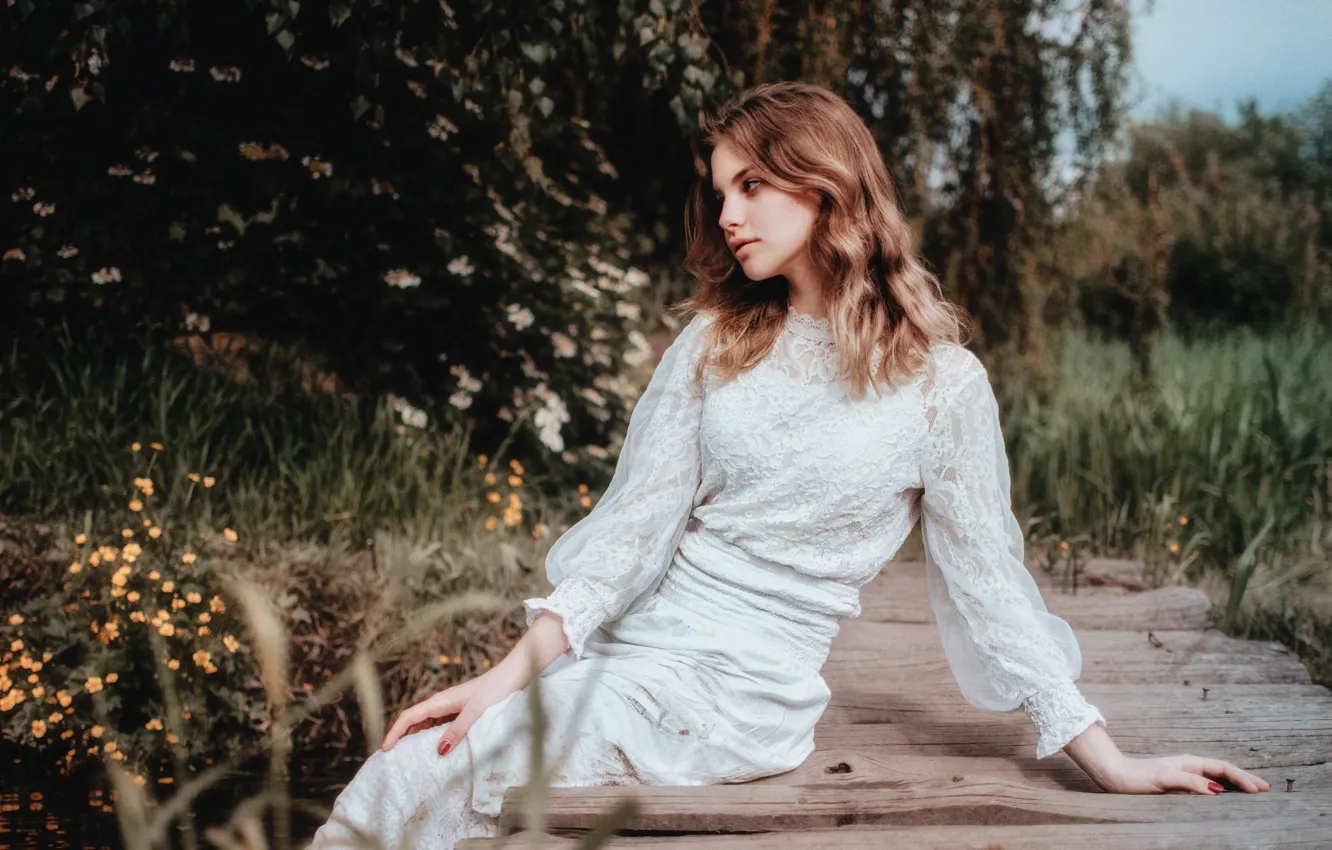 Photo wallpaper girl, nature, pose, dress, brown hair, bridges, manicure, Vitaliy Shevchenko