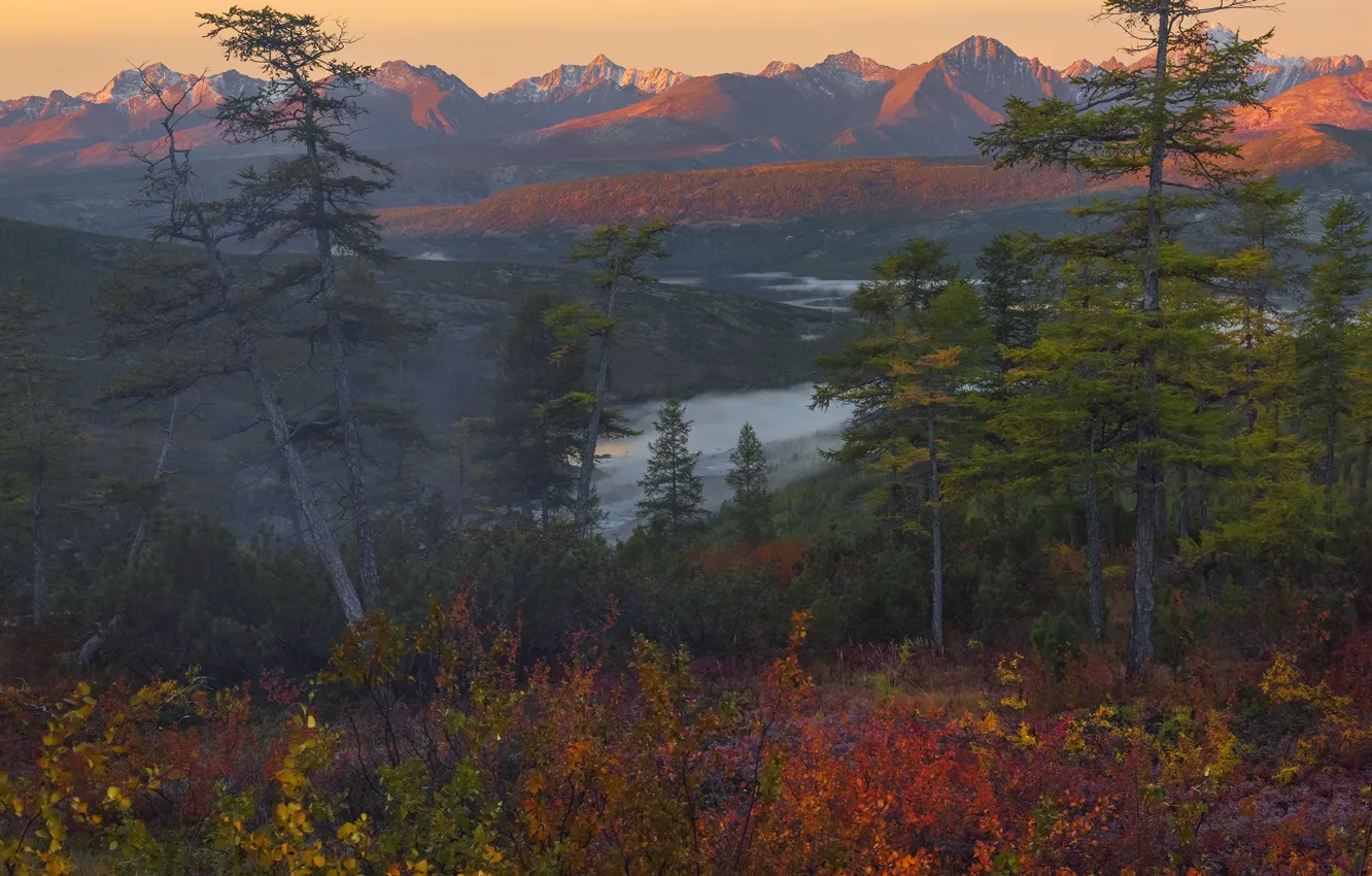 Photo wallpaper autumn, trees, landscape, mountains, nature, lake, dawn, hills