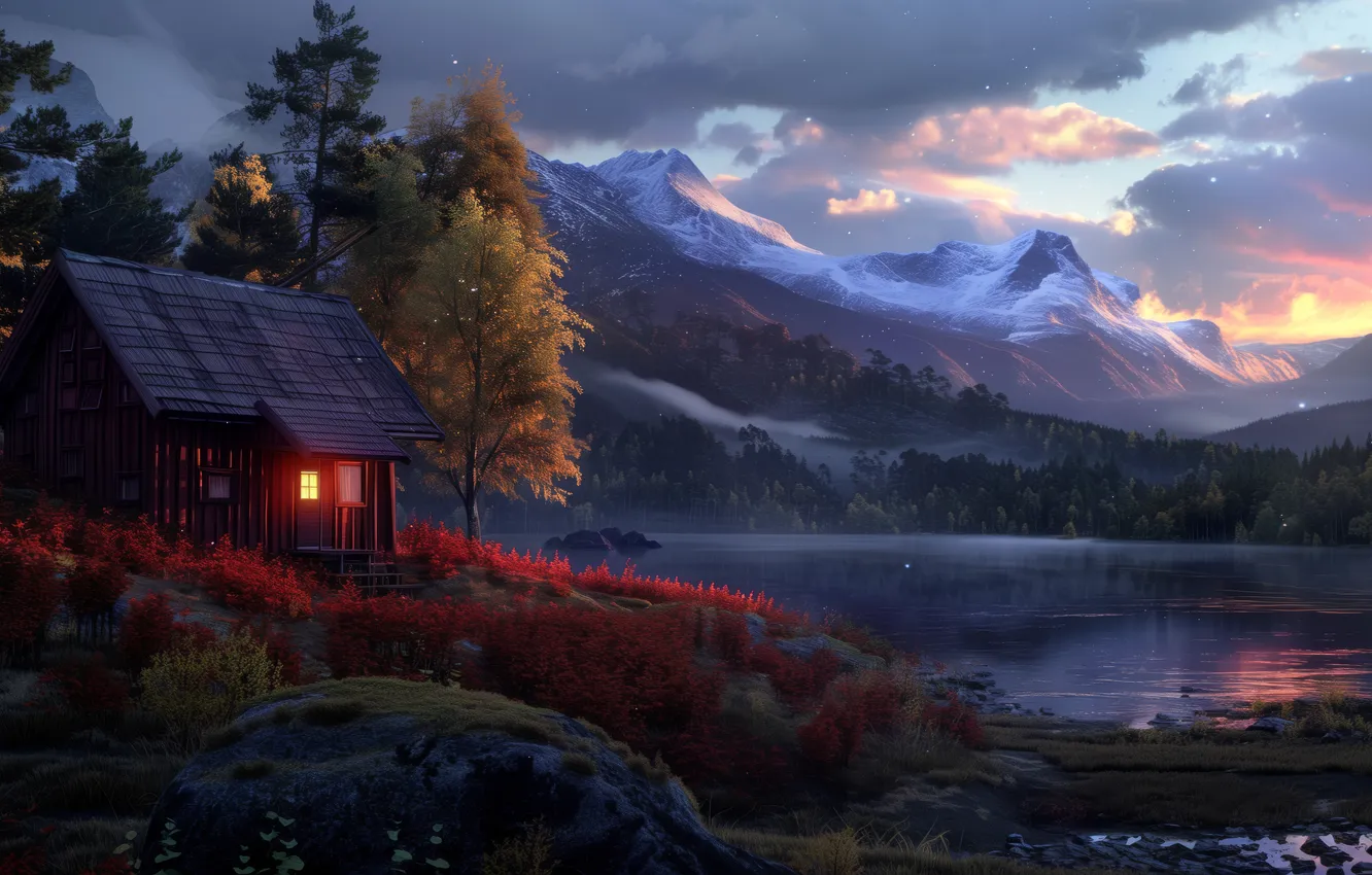 Photo wallpaper water, mountains, lake, Illustration, cabin, AI Art