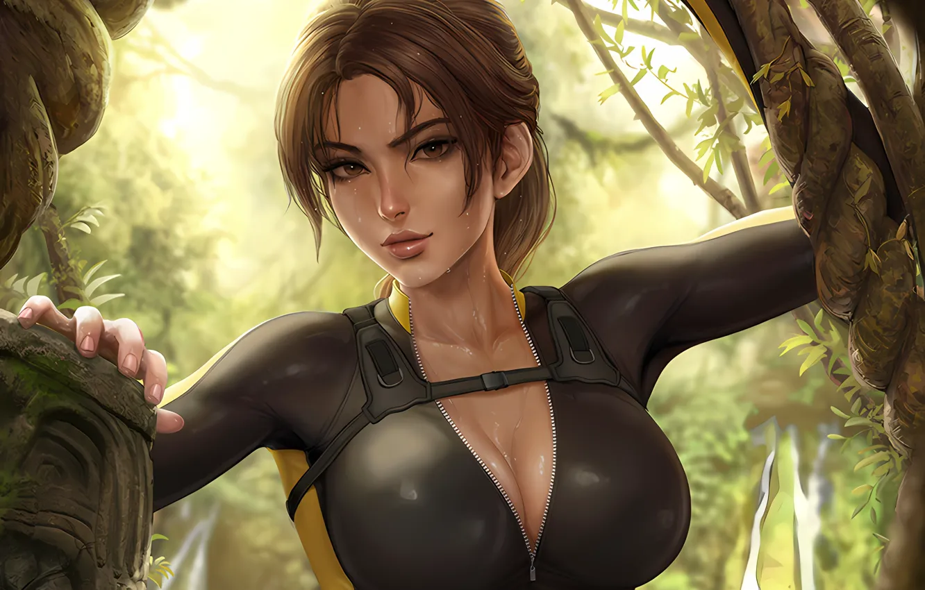 Photo wallpaper Tomb Raider, girl, sexy, wet, cleavage, blouse, long hair, brown hair