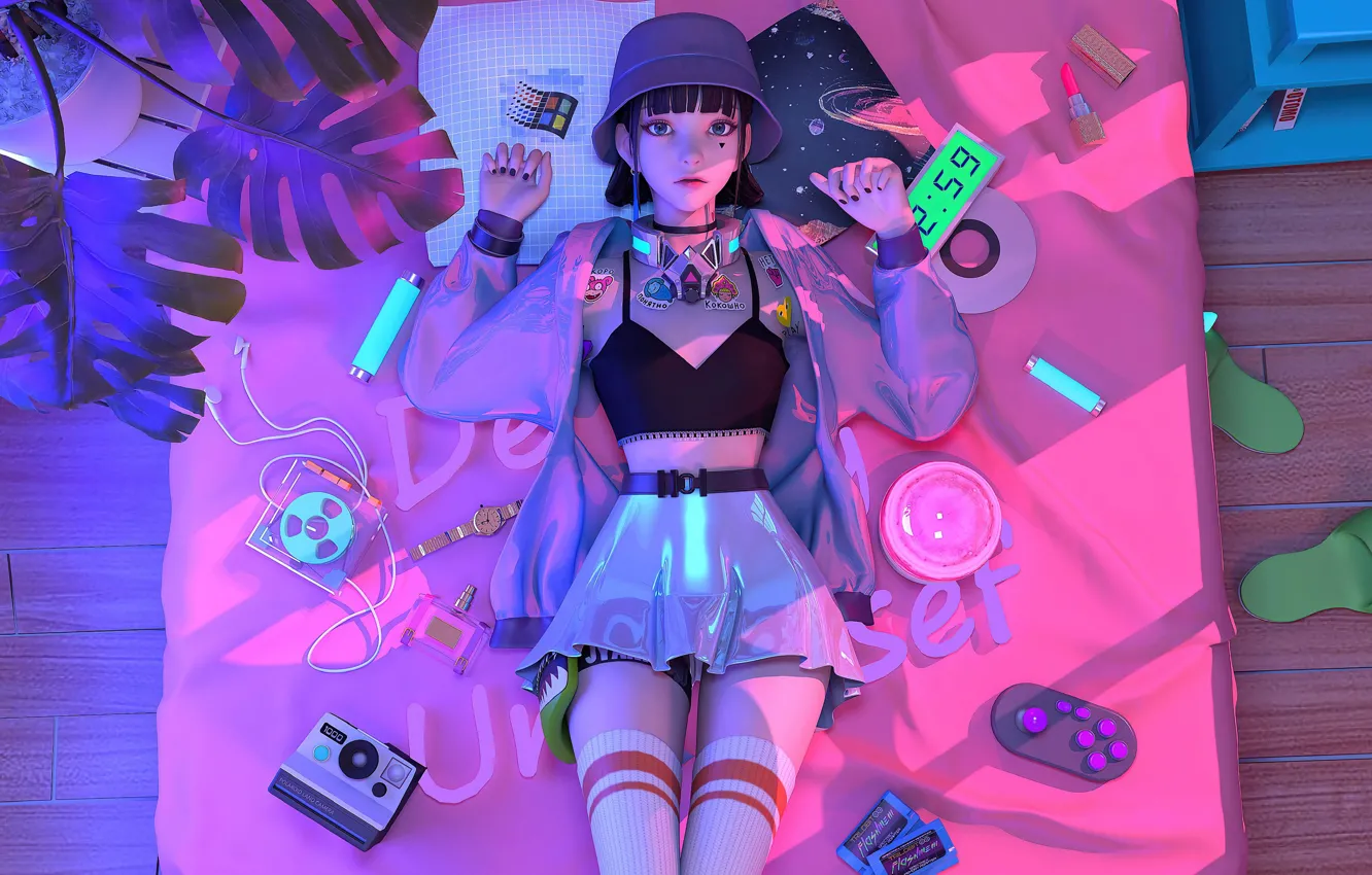 Photo wallpaper pink, the game, watch, neon, anime, lipstick, bed, sneaker