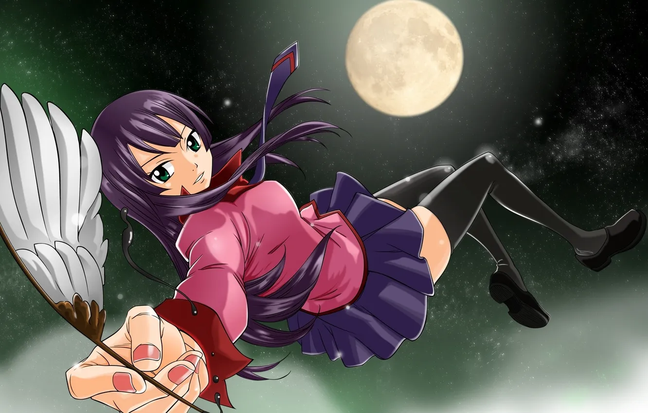 Photo wallpaper the moon, anime, feathers, anime, bakemonogatari, Hitagi Senjougahara
