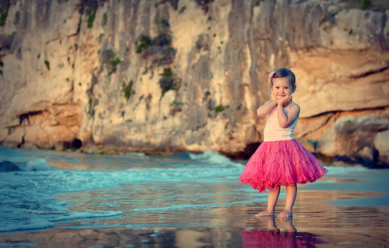 Photo wallpaper sand, beach, water, smile, pink, shore, skirt, girl