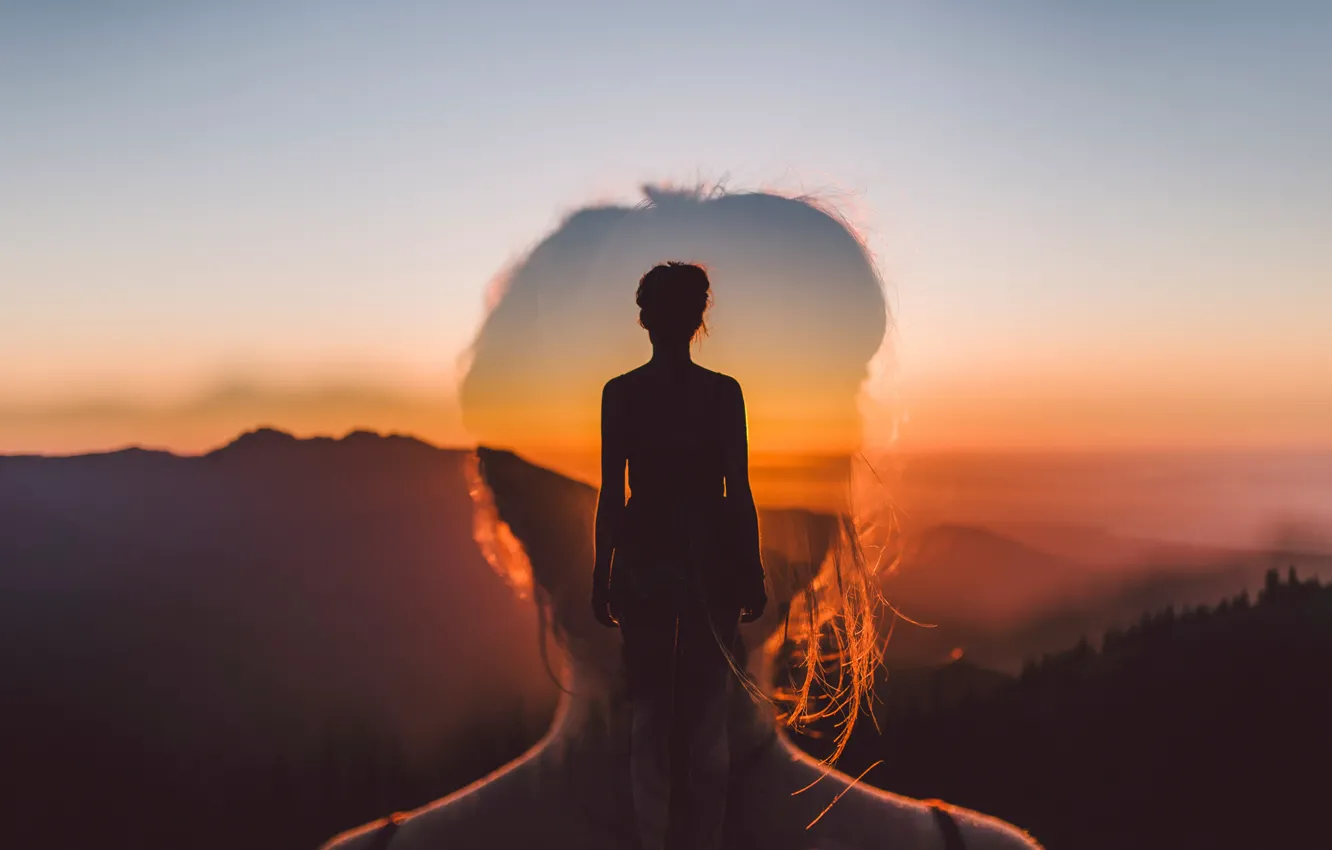 Photo wallpaper girl, sunset, silhouette, double exposure, Believe In Yourself, Isaac Gautschi