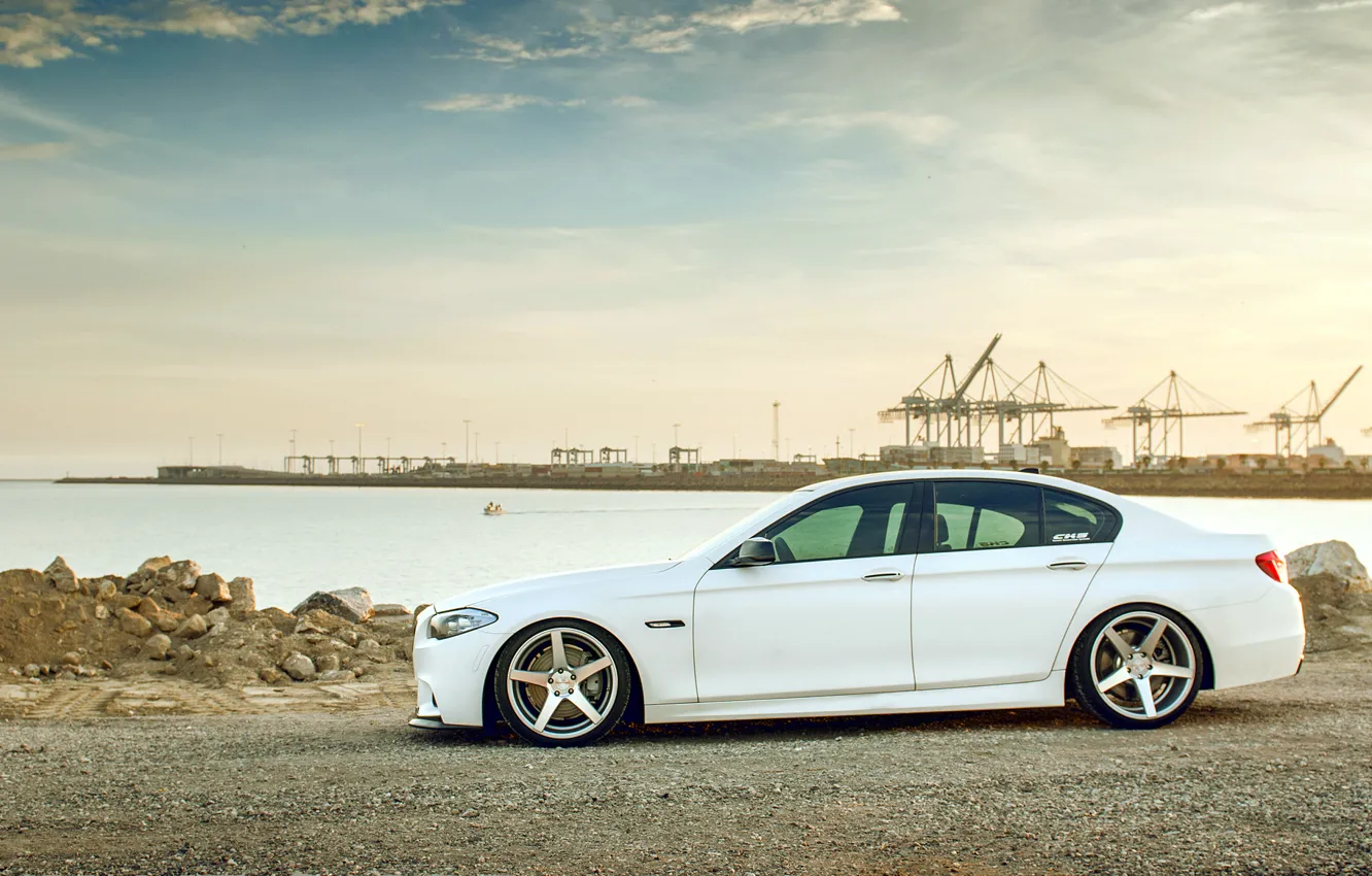 Photo wallpaper white, BMW, BMW, white, wheels, side, F10, 550i, 5 series