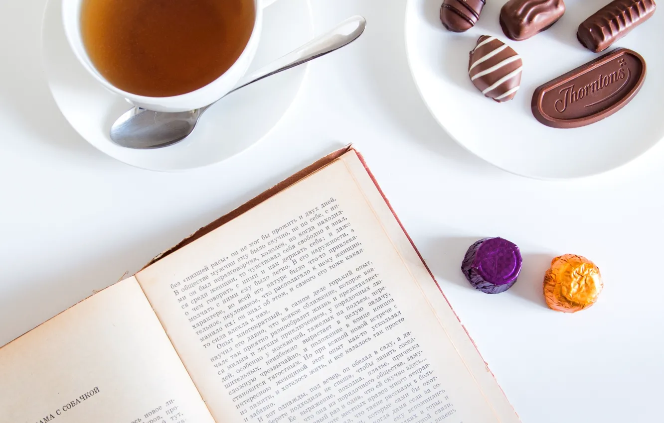 Photo wallpaper mood, tea, candy, book, Chekhov