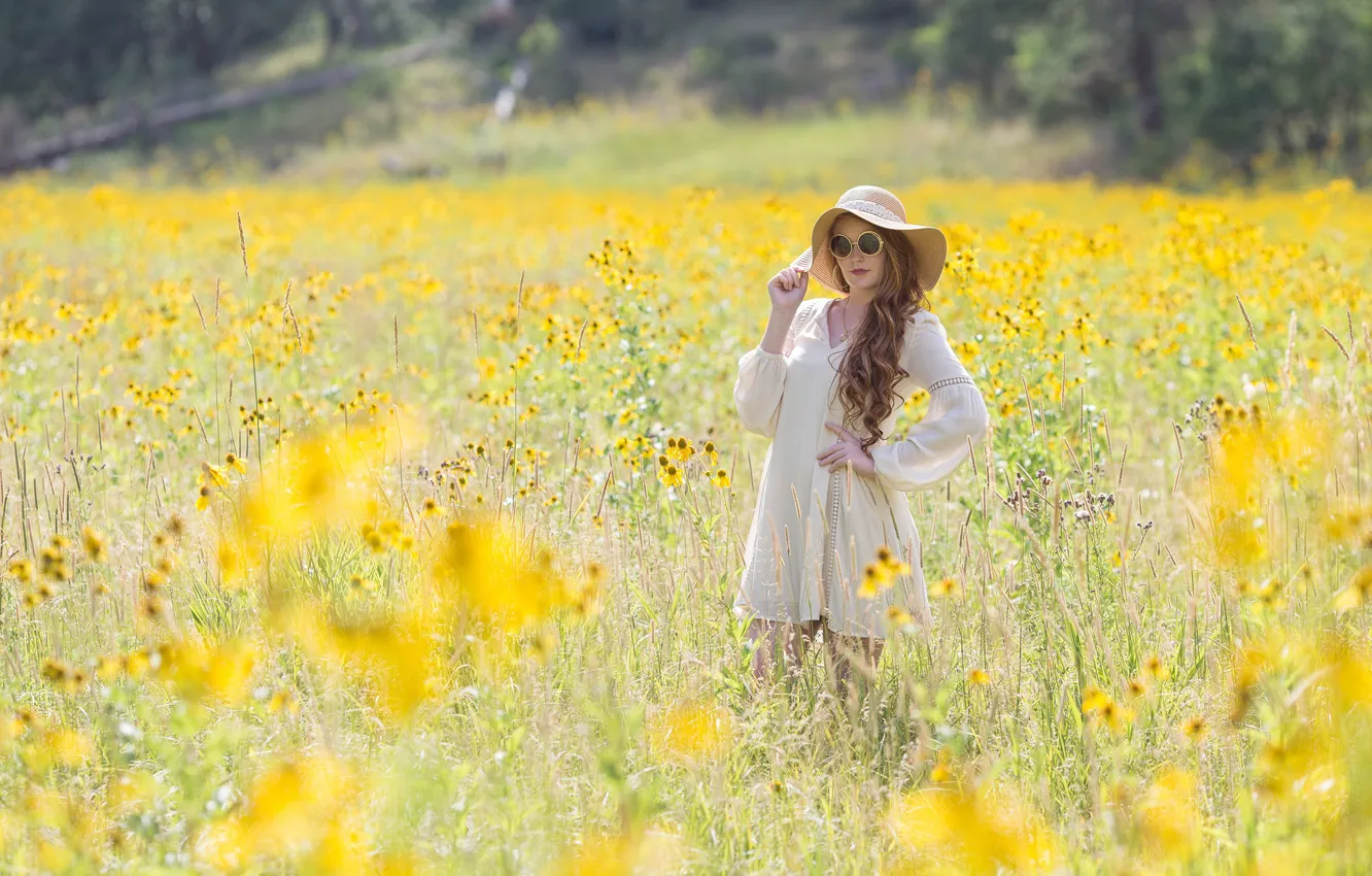 Photo wallpaper field, summer, girl, flowers, nature, pose, hat, glasses
