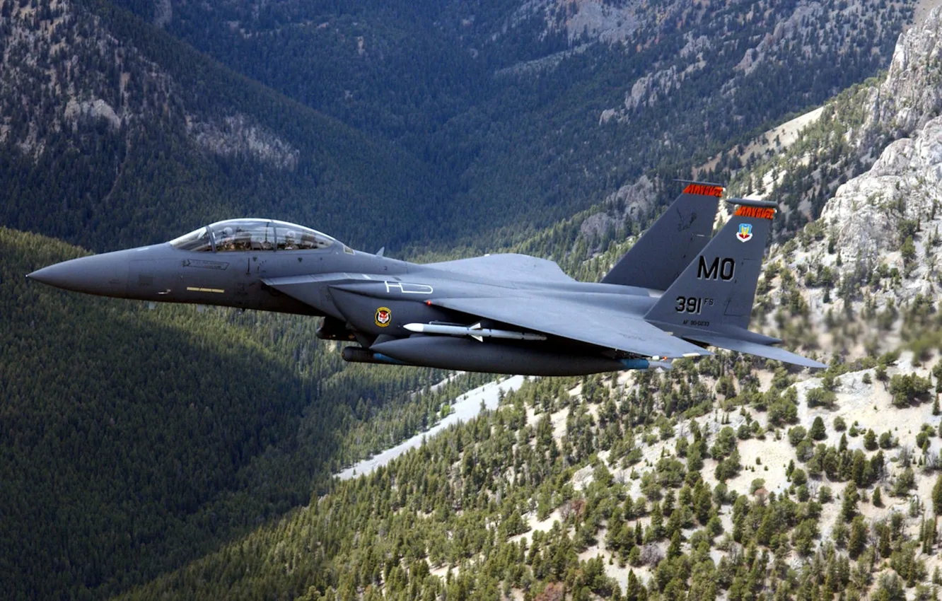 Photo wallpaper forest, mountains, the plane, the Slayer, The F15-E