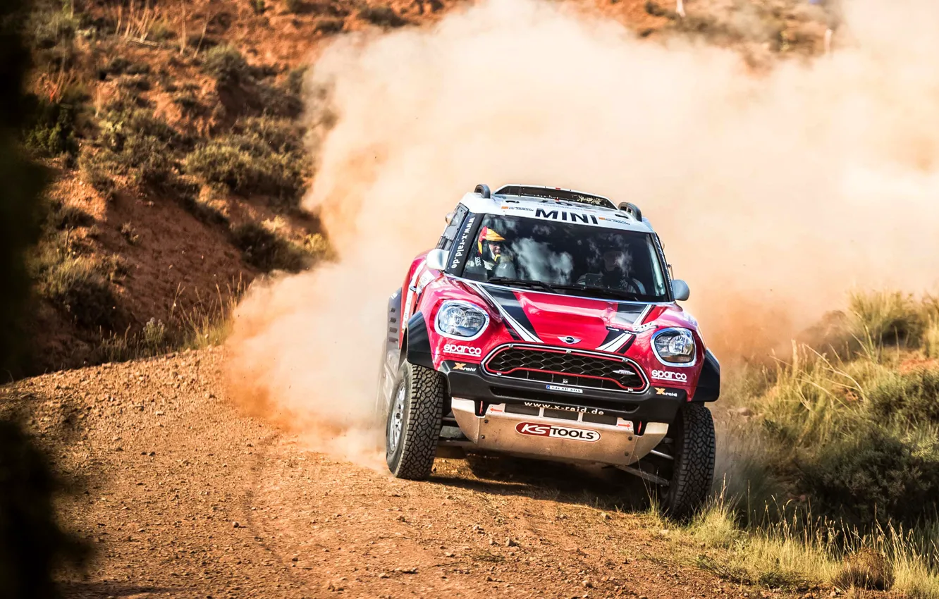 Photo wallpaper red, race, sport, speed, Mini, dust, SUV, Mini Cooper