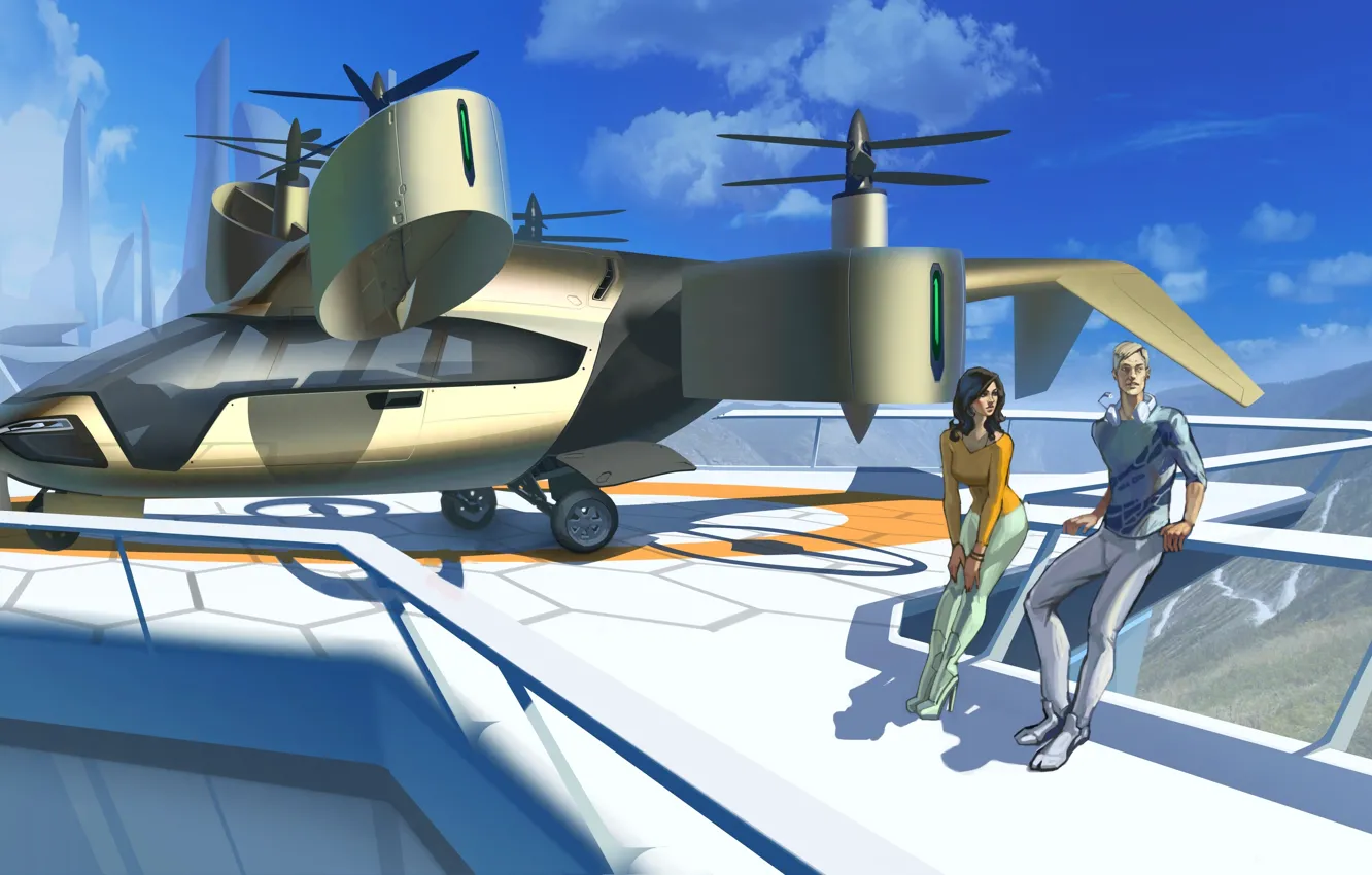 Photo wallpaper the city, future, woman, helicopter, male, aircraft, art