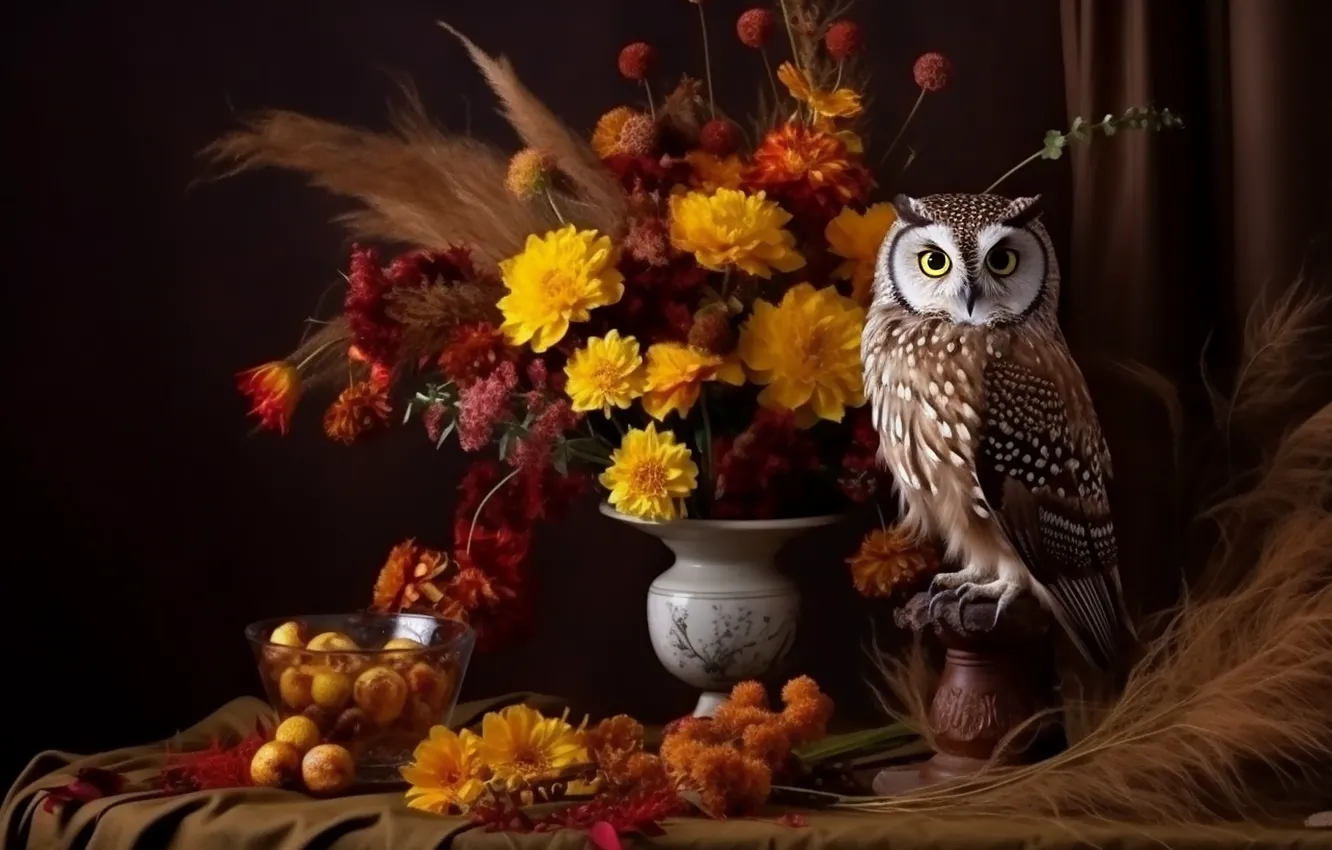 Photo wallpaper flowers, owl, bird, bouquet, digital art, AI art, The Art of Artificial Intelligence, neural network
