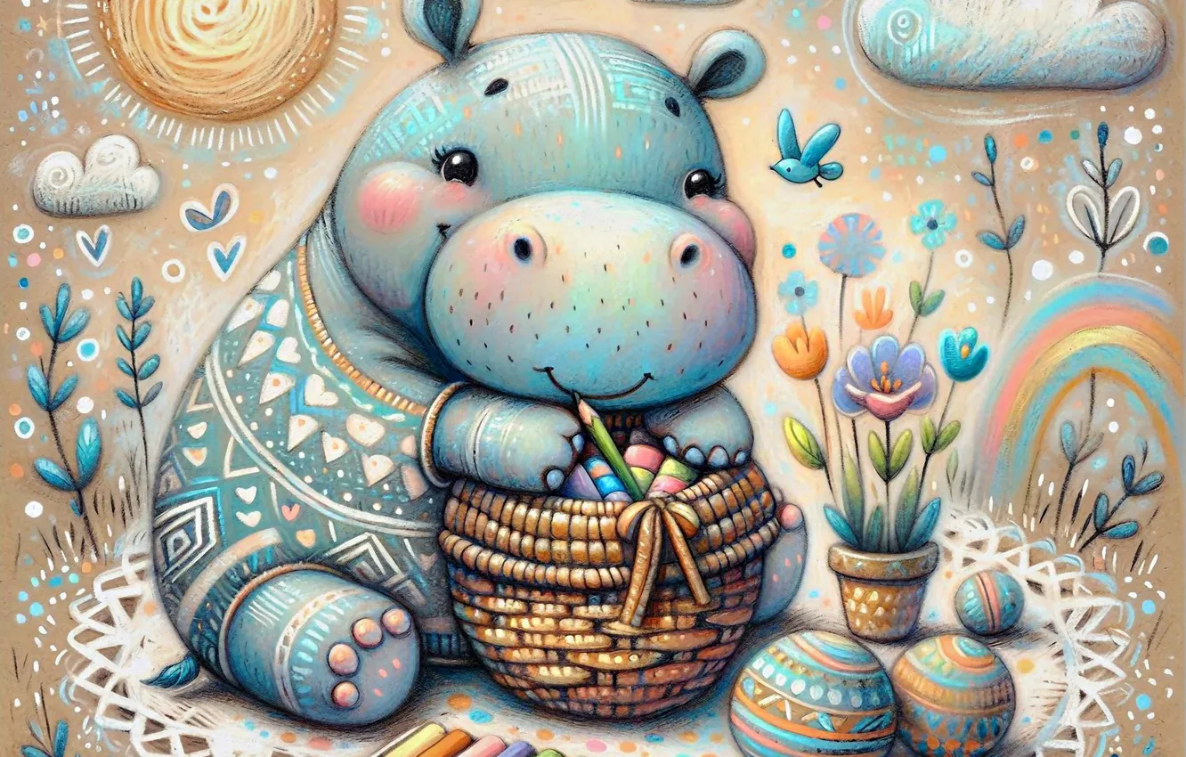 Photo wallpaper styling, Hippo, Hippo, AI art, neural network