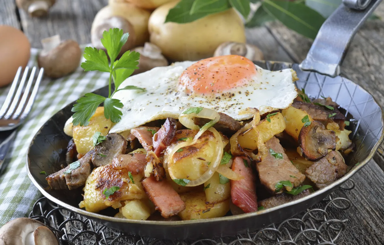 Photo wallpaper eggs, meat, pan, potatoes