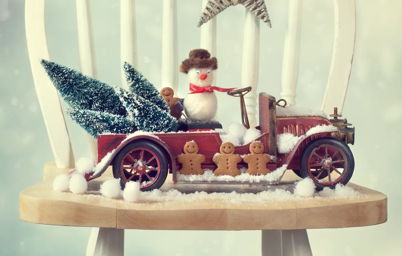 Photo wallpaper machine, auto, chair, snowman, tree, gingerbread