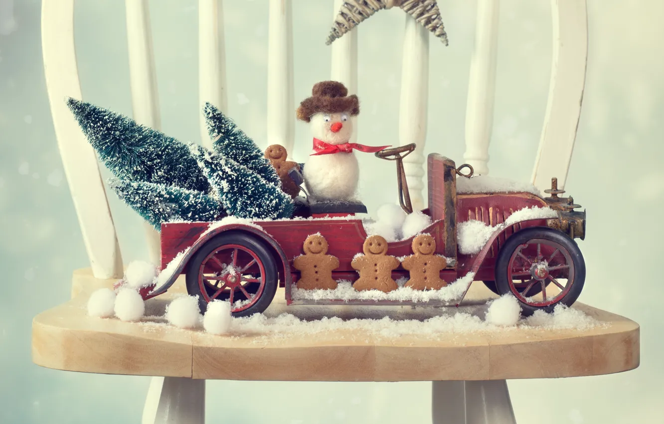 Photo wallpaper machine, auto, tree, chair, snowman, gingerbread